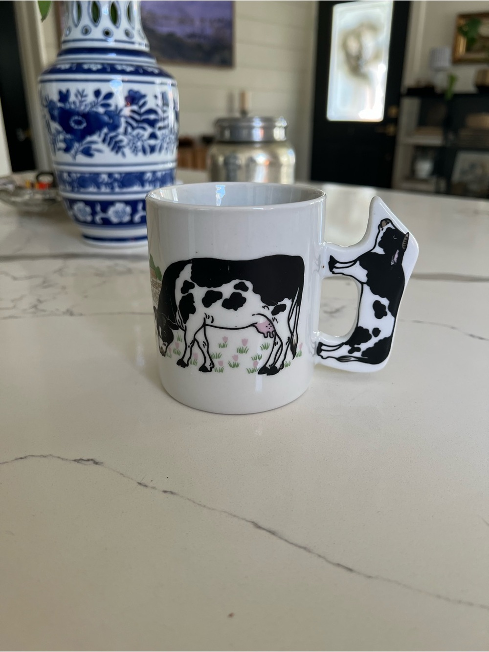 Vintage Cow Handle Ceramic Mug - Black and White